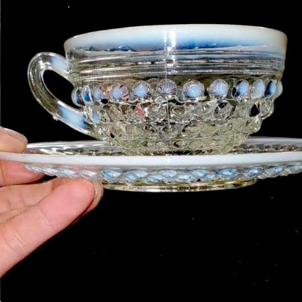 Vintage Moonstone Opalescent Cup & Plate Milk Glass Avcents
